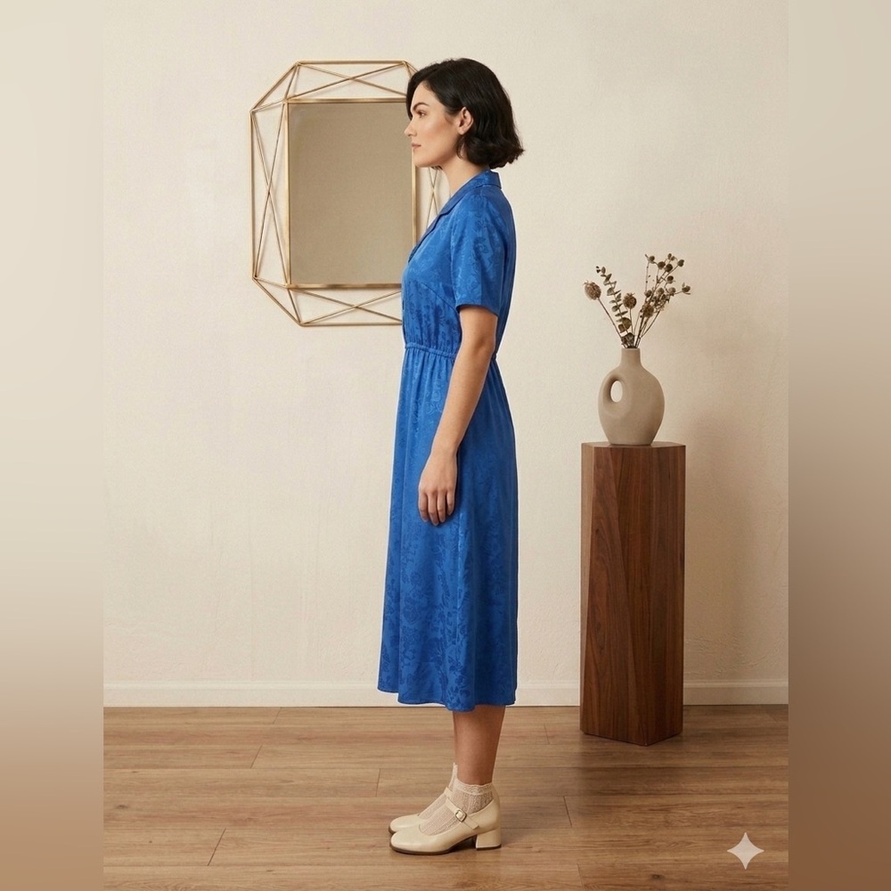 Vintage 80s Royal Blue Floral Jacquard Midi Dress Short Sleeve Retro Minimalist - Picture 3 of 9